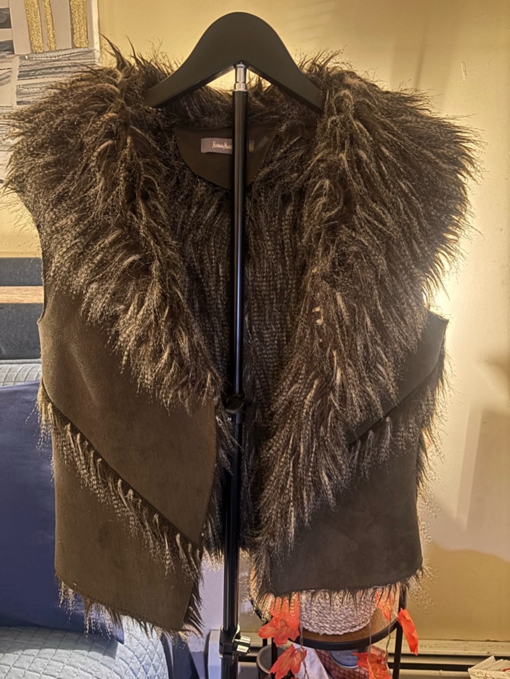 Neiman Marcus gray Brown Faux Fur-Trim Vest